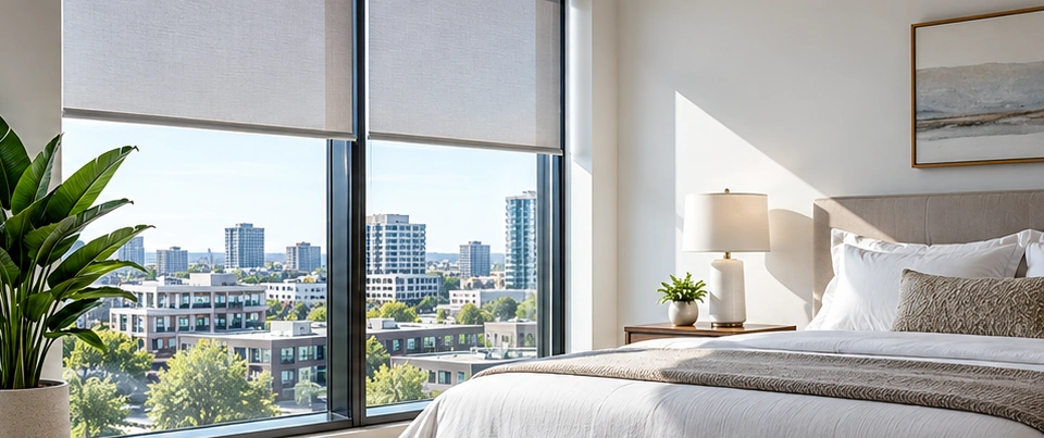 Modern apartment bedroom with roller shades