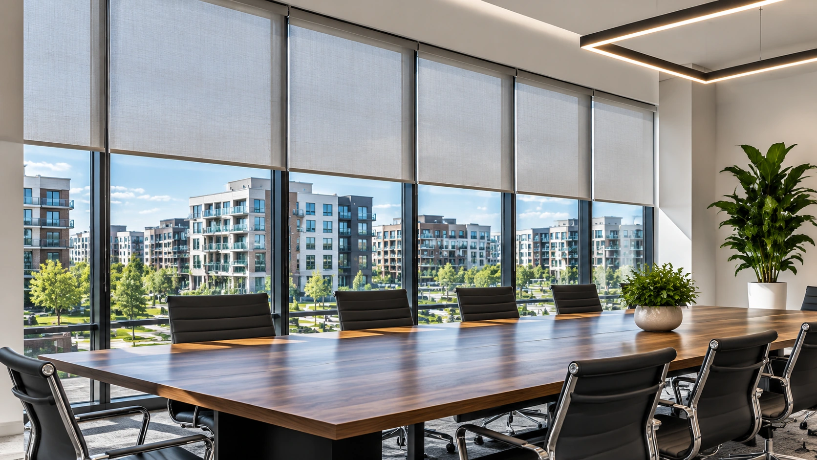 Upscale commercial lounge with roller shades