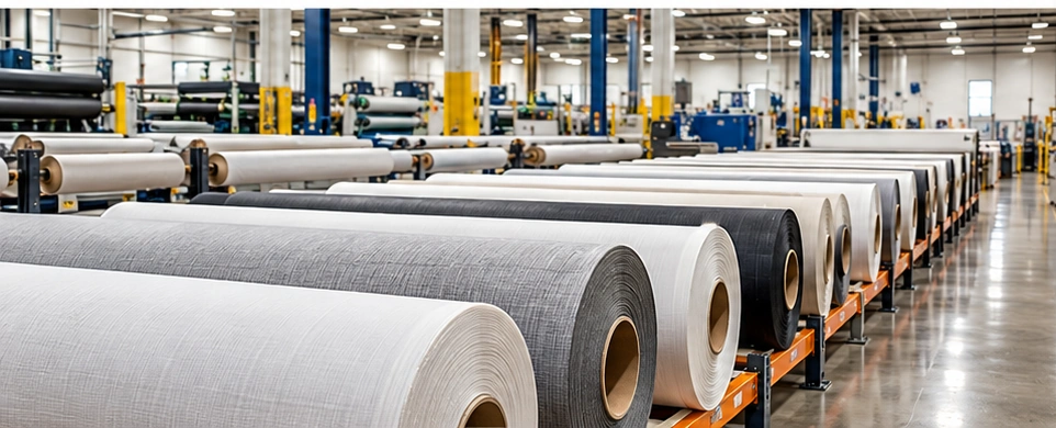 Illustrative commercial fabric roll inventory in a manufacturing warehouse